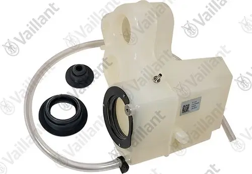 Vaillant Abgassammler mit transparentem Gehäuse, Gummidichtungen und flexiblen Schläuchen. Komponenten zur Abgasführung in Heizungsanlagen.